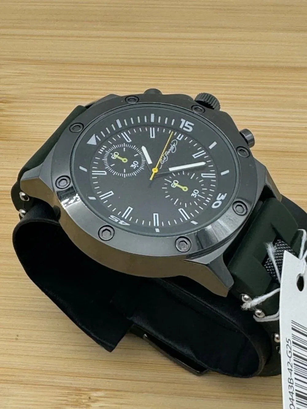 Ed Hardy Men's Gunmetal Watch Black Dial Green Silicone Strap Chronograph